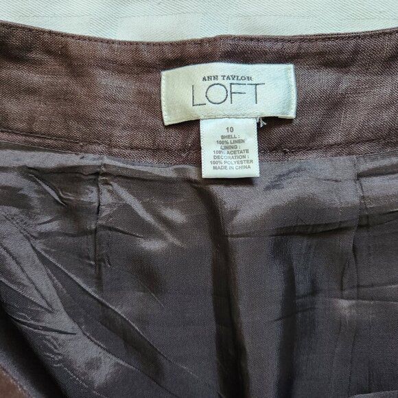 Ann Taylor Loft 100% Linen Skirt Size 10 Brown Pleated Embroidered Lined Preppy - Picture 3 of 4
